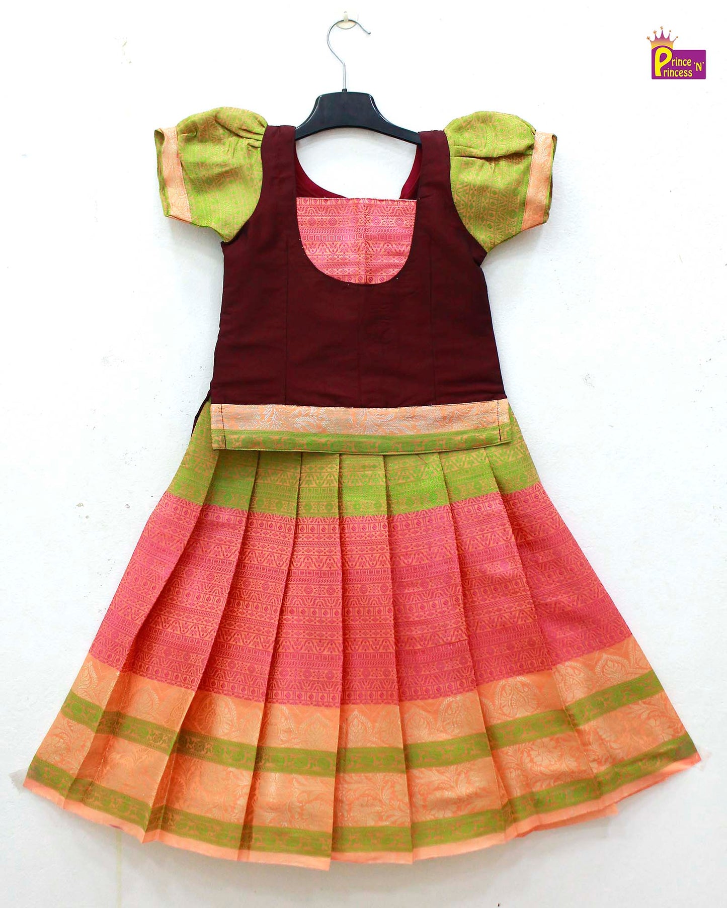 Kids Maroon and Green Traditional Pattupavadai PPP1606