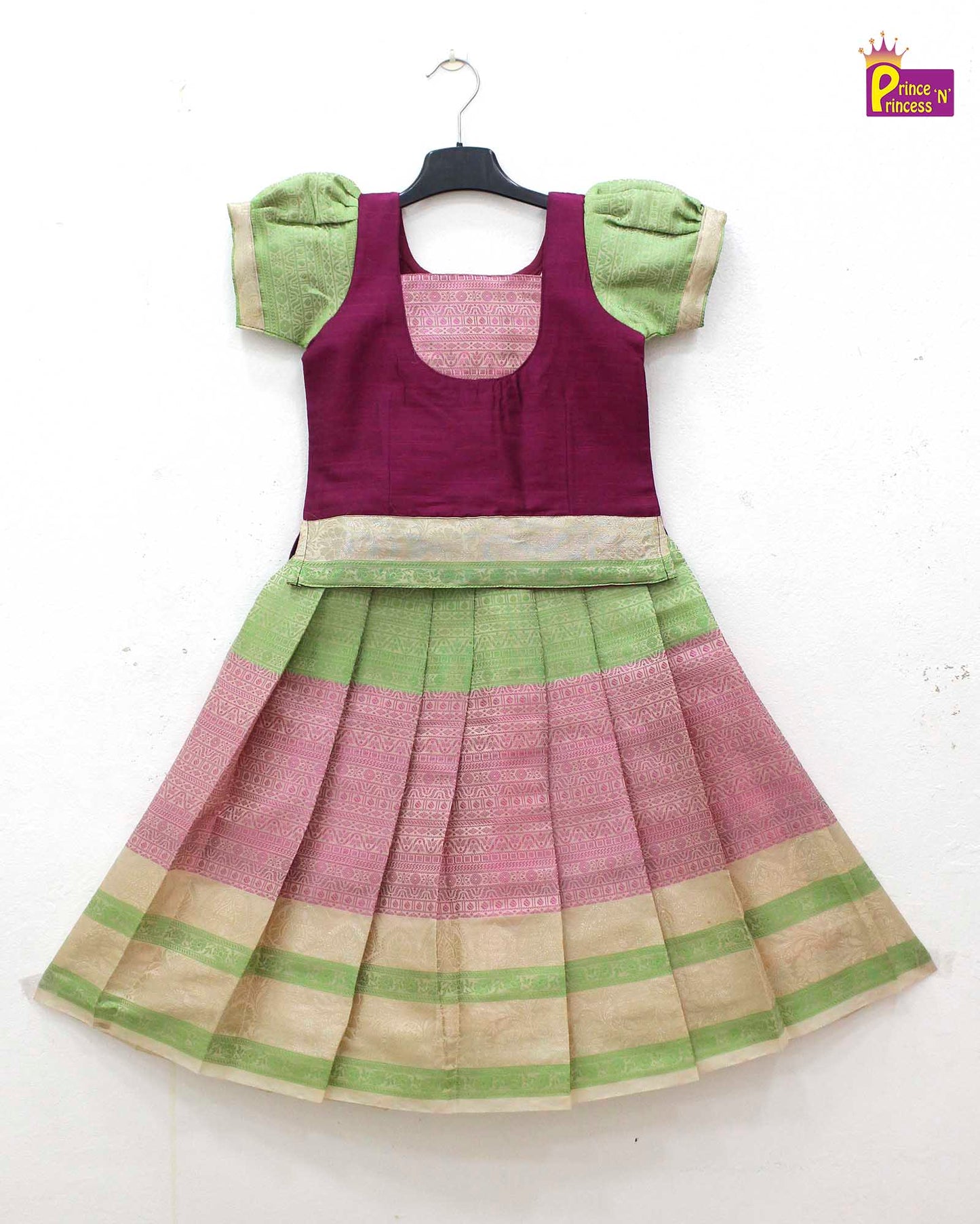 Kids Magenta and Green Traditional Pattupavadai PPP1607