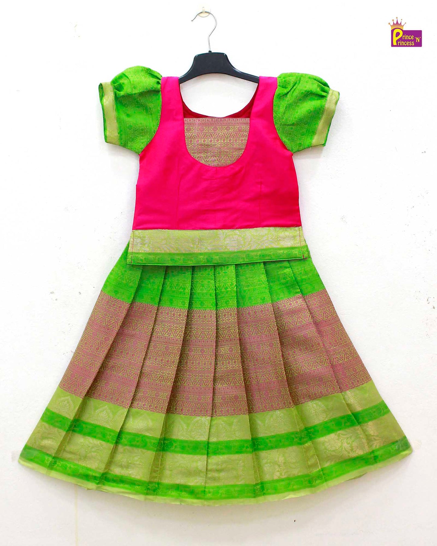 Kids Green Pink Traditional Pattupavadai PPP1609