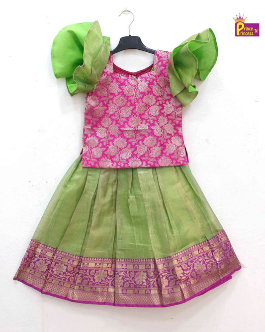 Kids Pink with Green Traditional Pattupavadai PPP1614