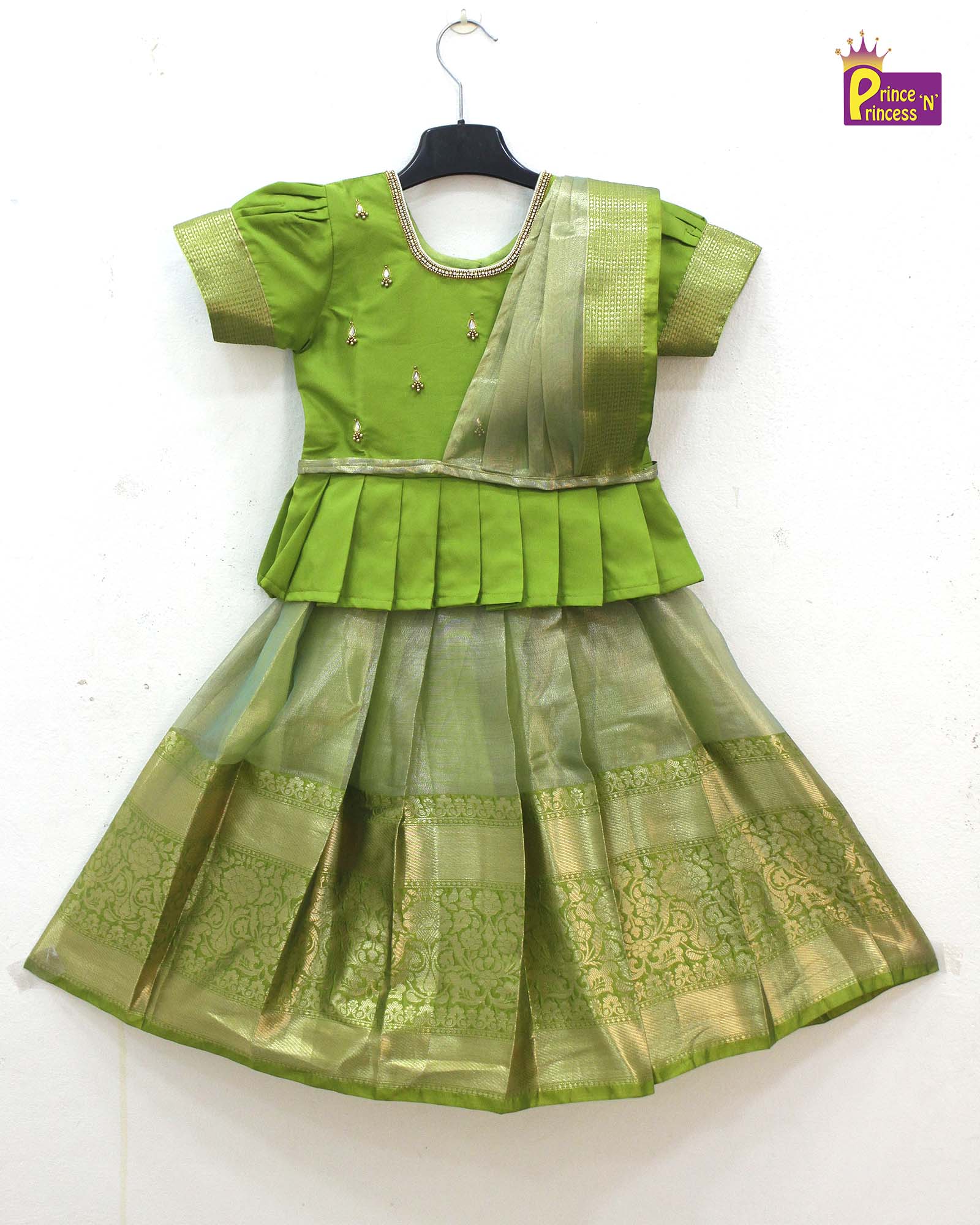 Kids Green Traditional AARI Work Pattu Pavadai With Duppata PPP1616