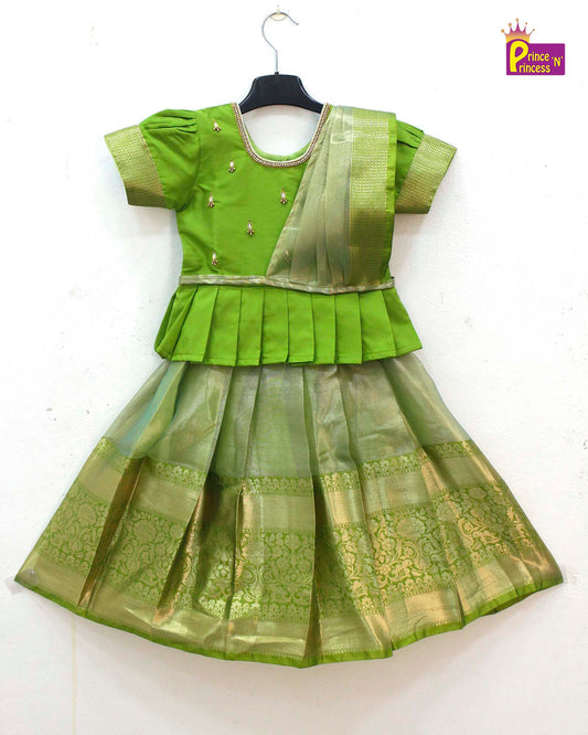 Kids Green Traditional AARI Work Pattu Pavadai With Duppata PPP1616