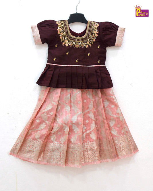 Kids Maroon and Peach Traditional AARI Work Pattu Pavadai PPP1618