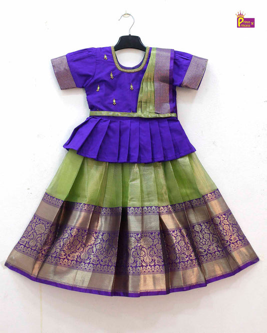 Kids Purple Green Traditional AARI Work Pattu Pavadai With Duppata PPP1623