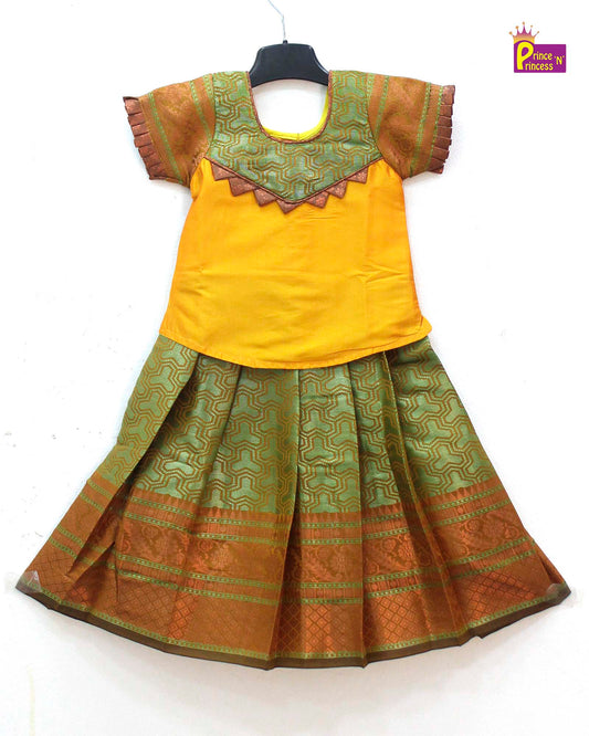 Kids Yellow Green Traditional Pattupavadai PPP1624