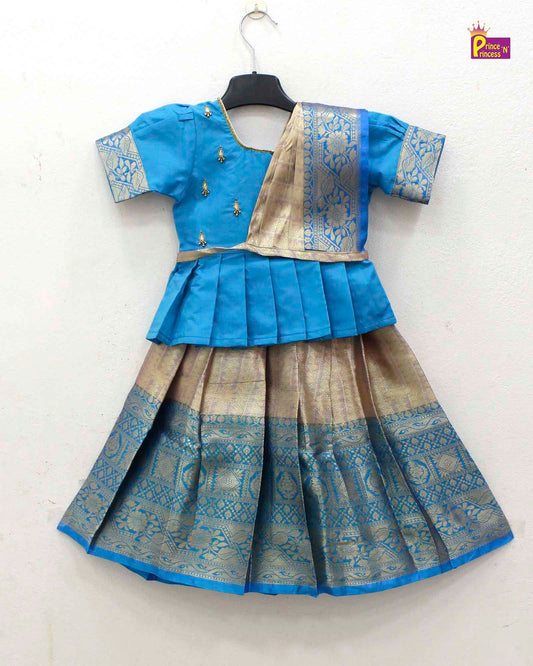 Kids Skyblue Traditional AARI Work Pattu Pavadai With Duppata PPP1626