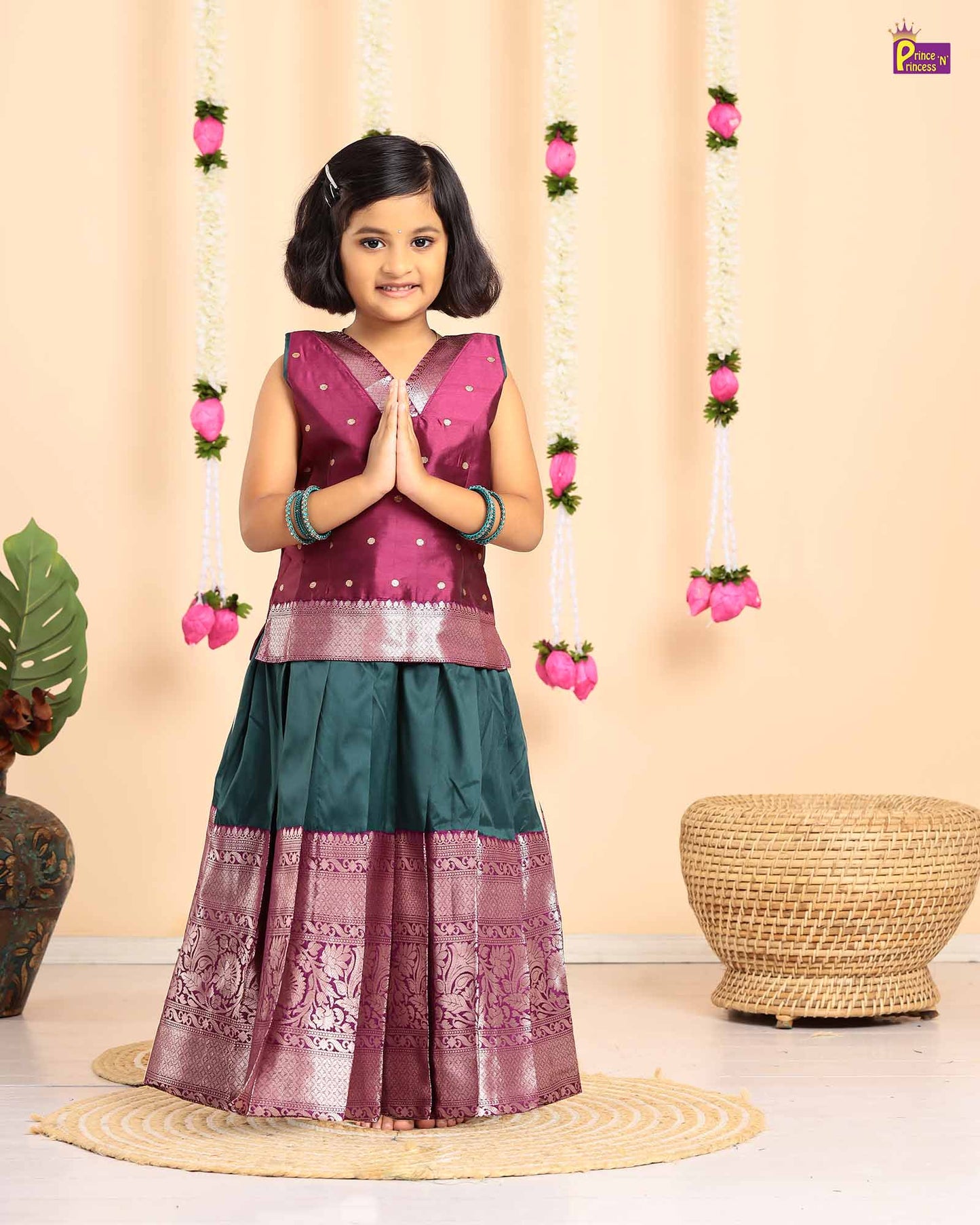 Kids Dark Green with Whine Traditional Pattupavadai PPP1628