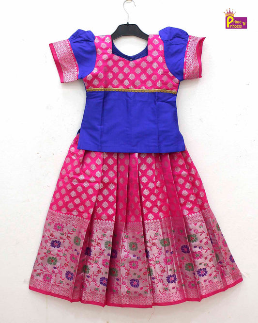 Kids  Blue And Pink Traditional Pattu Pavadai PPP1646