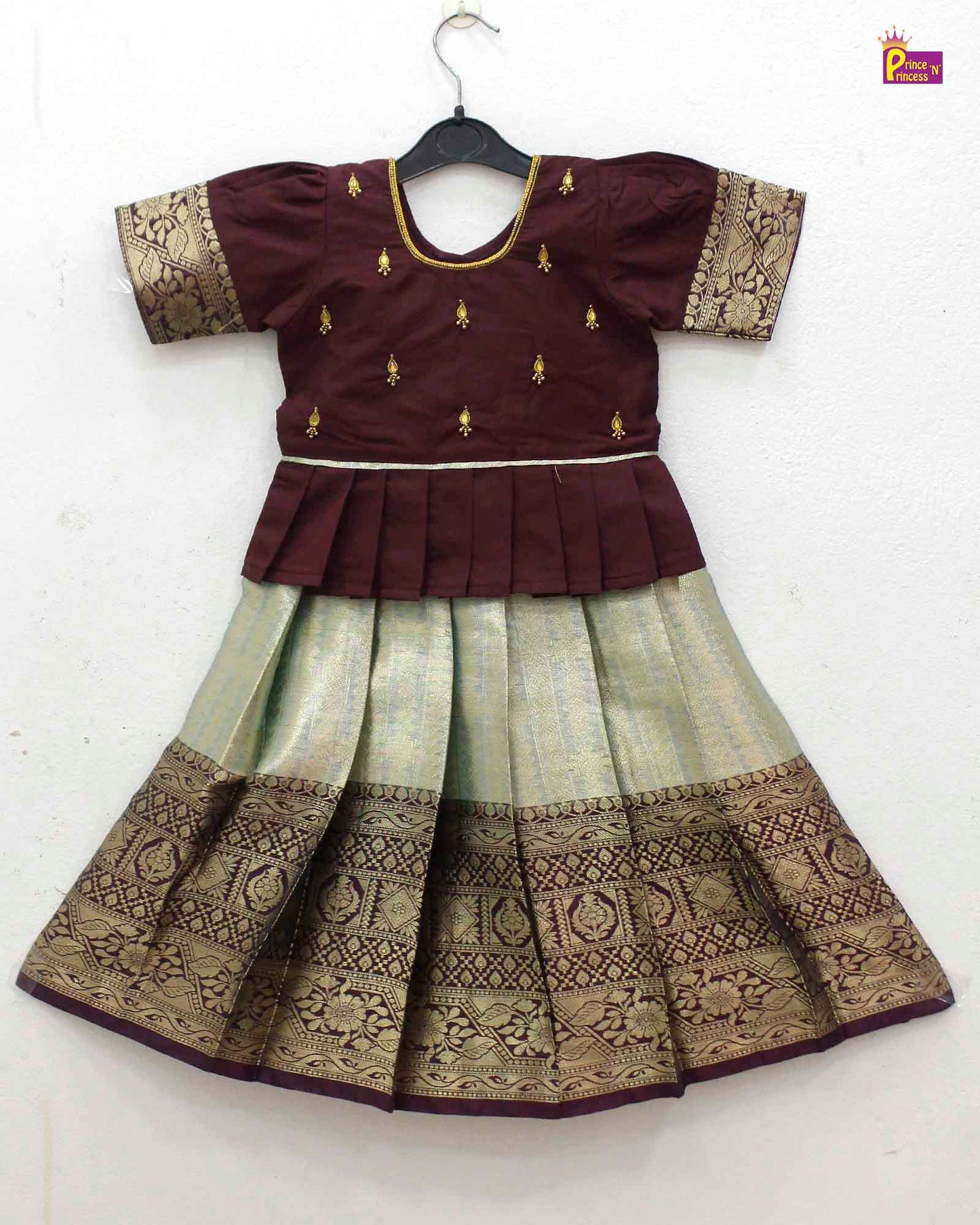 Kids Maroon with Pistagreen Traditional AARI Work Pattu Pavadai PPP1650