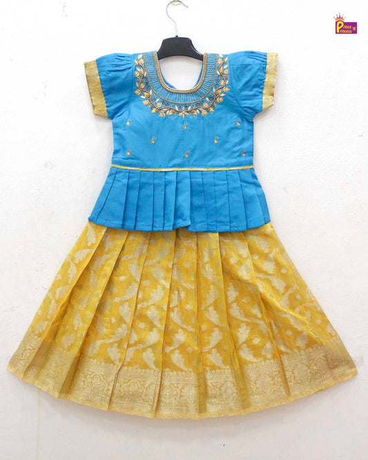 Kids Skyblue with Yellow Traditional AARI Work Pattu Pavadai PPP1651