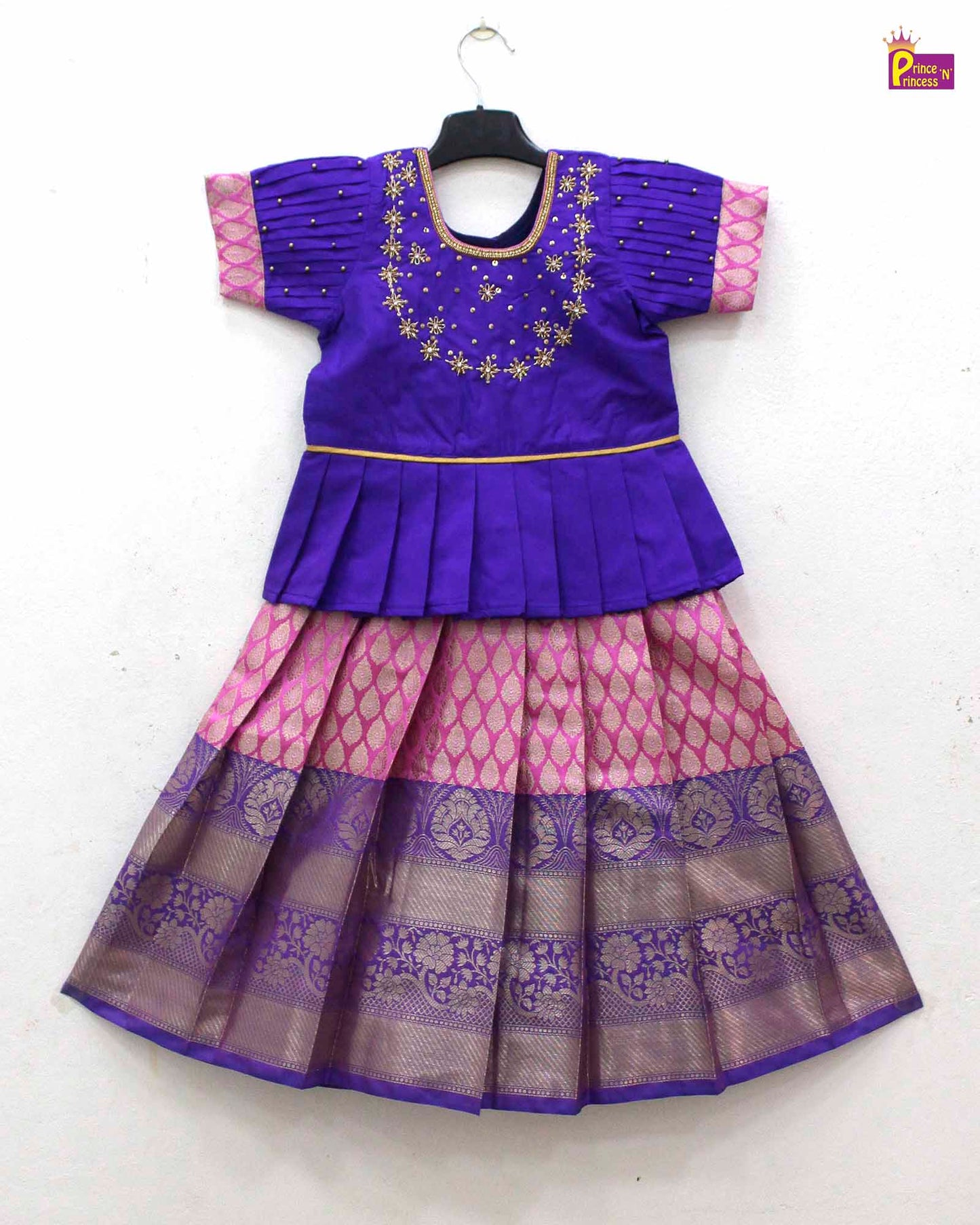 Kids Purple with Pink Traditional AARI Work pattu Pavadai PPP1652