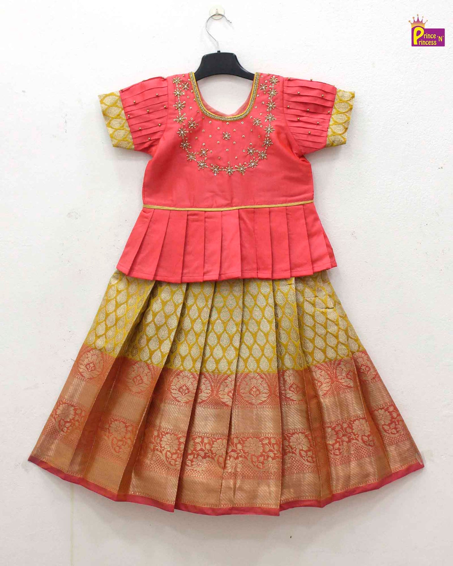 Kids Peach and  Yellow Traditional AARI Work pattu Pavadai PPP1653