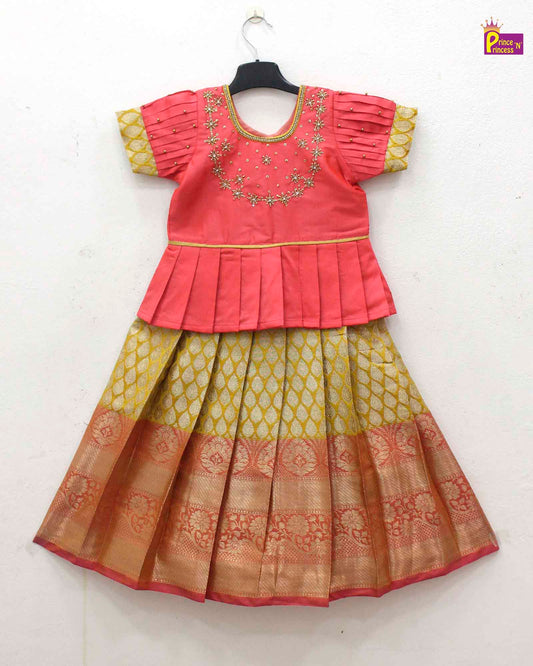 Kids Peach and  Yellow Traditional AARI Work pattu Pavadai PPP1653