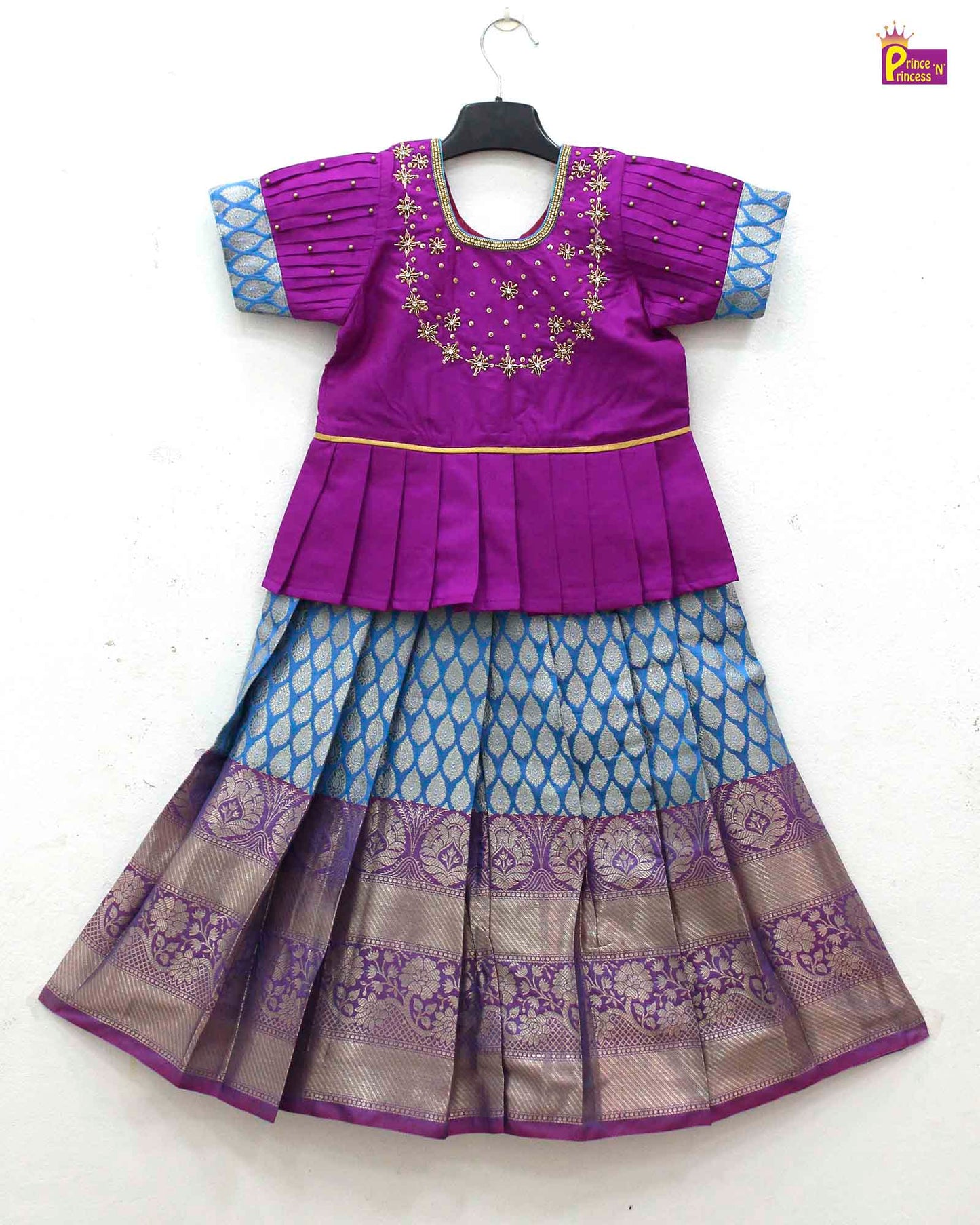 Kids Purple And Skyblue Traditional AARI Work pattu Pavadai PPP1654