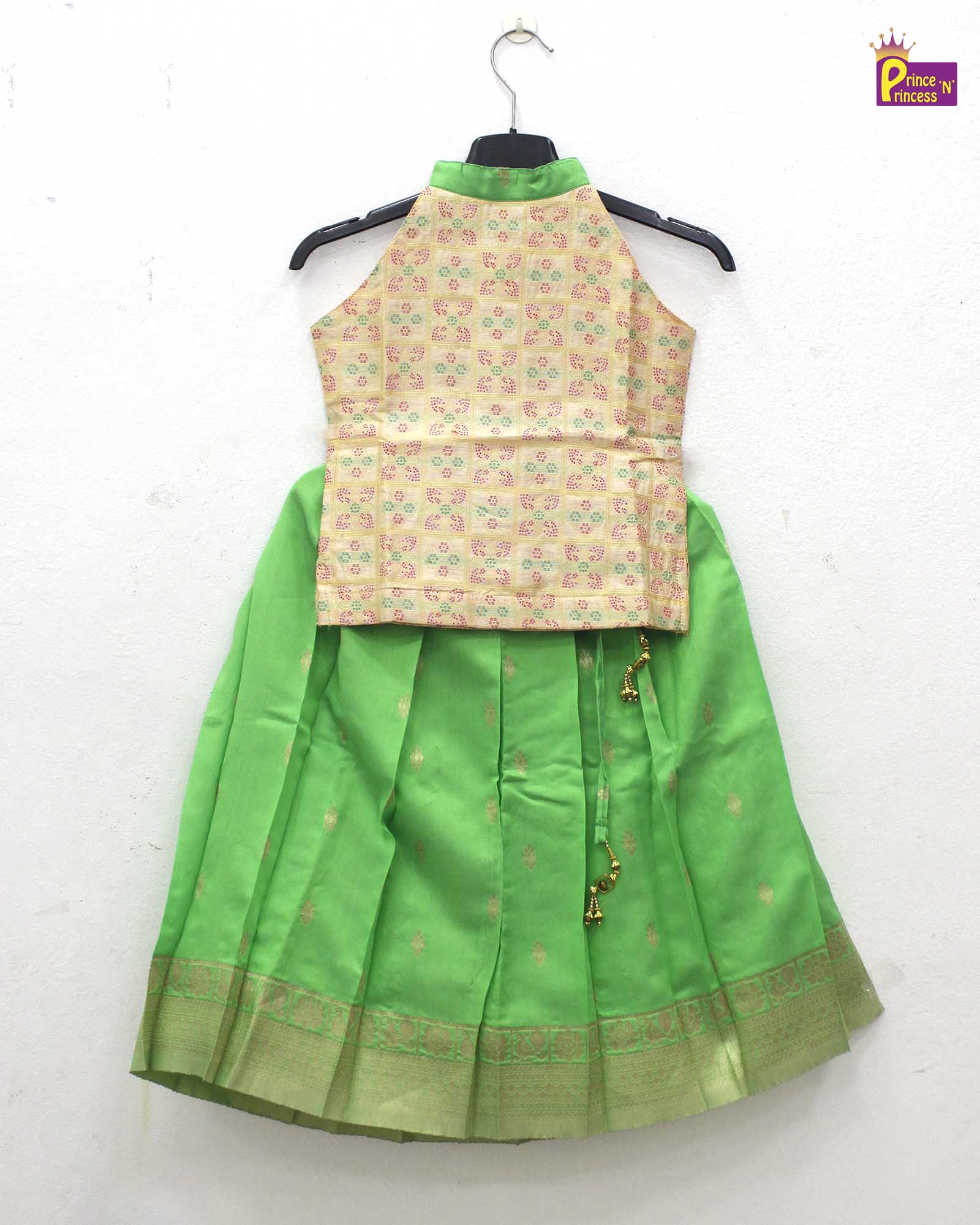 Half white with Green Halter neck Traditional Pattu Pavadai PPP1679
