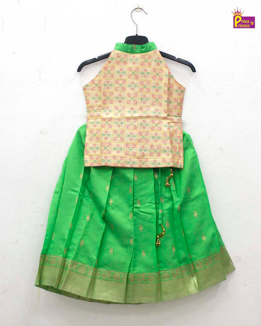 Half white with Green Halter neck Traditional Pattu Pavadai PPP1679