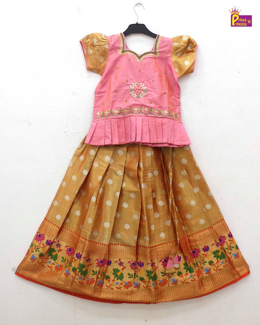 Kids Peach with Orange AARI Work Tissue Designer Pattu Pavadai PPP1680