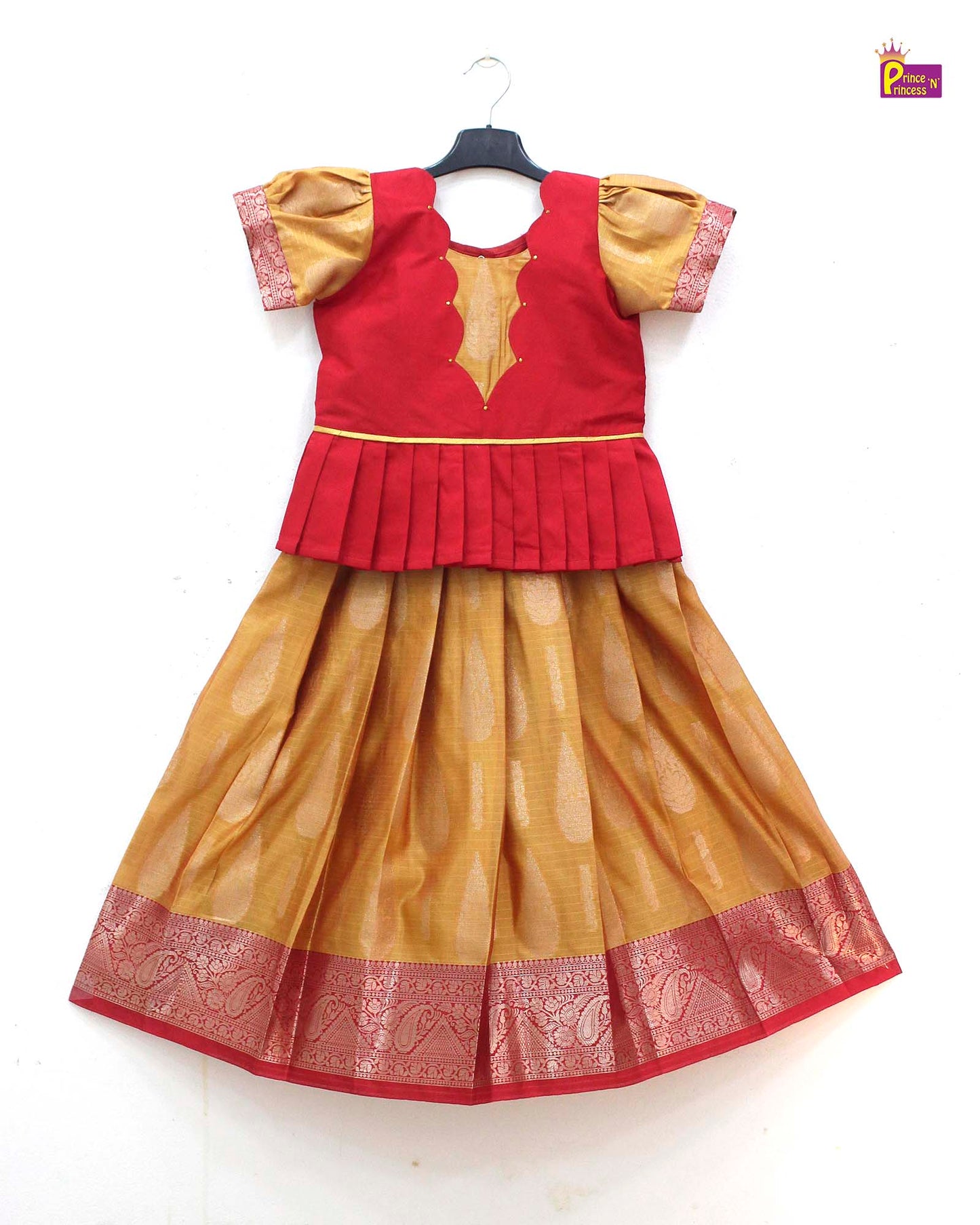 Kids Red with yellowish Orange Traditional Pattupavadai PPP1688