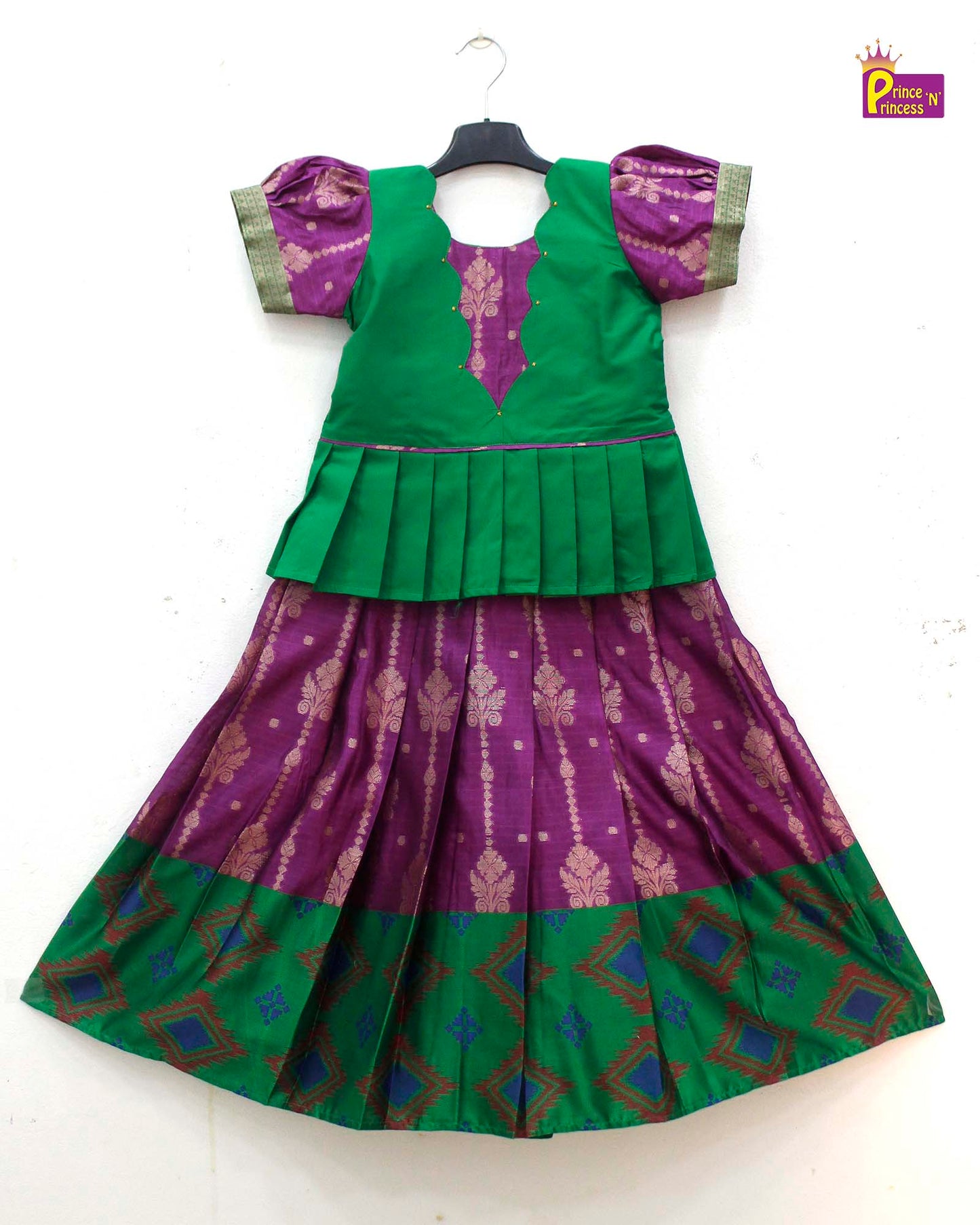 Kids Green with Dark purple Traditional Pattupavadai PPP1689