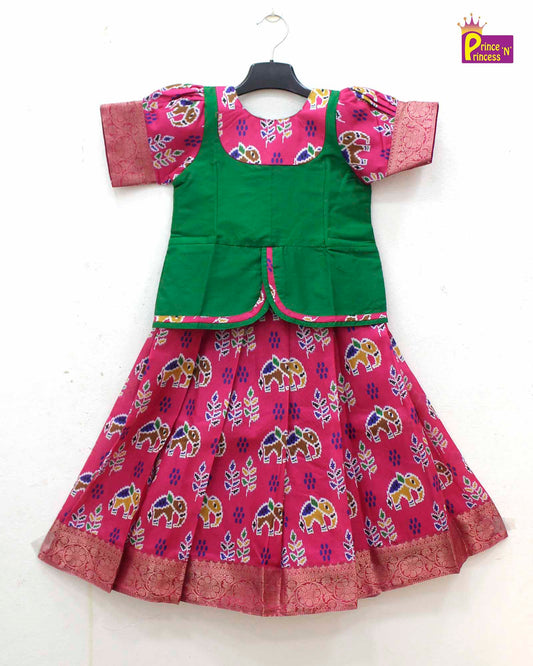 Kids Green And Pink Traditional Pattu Pavadai PPP1691