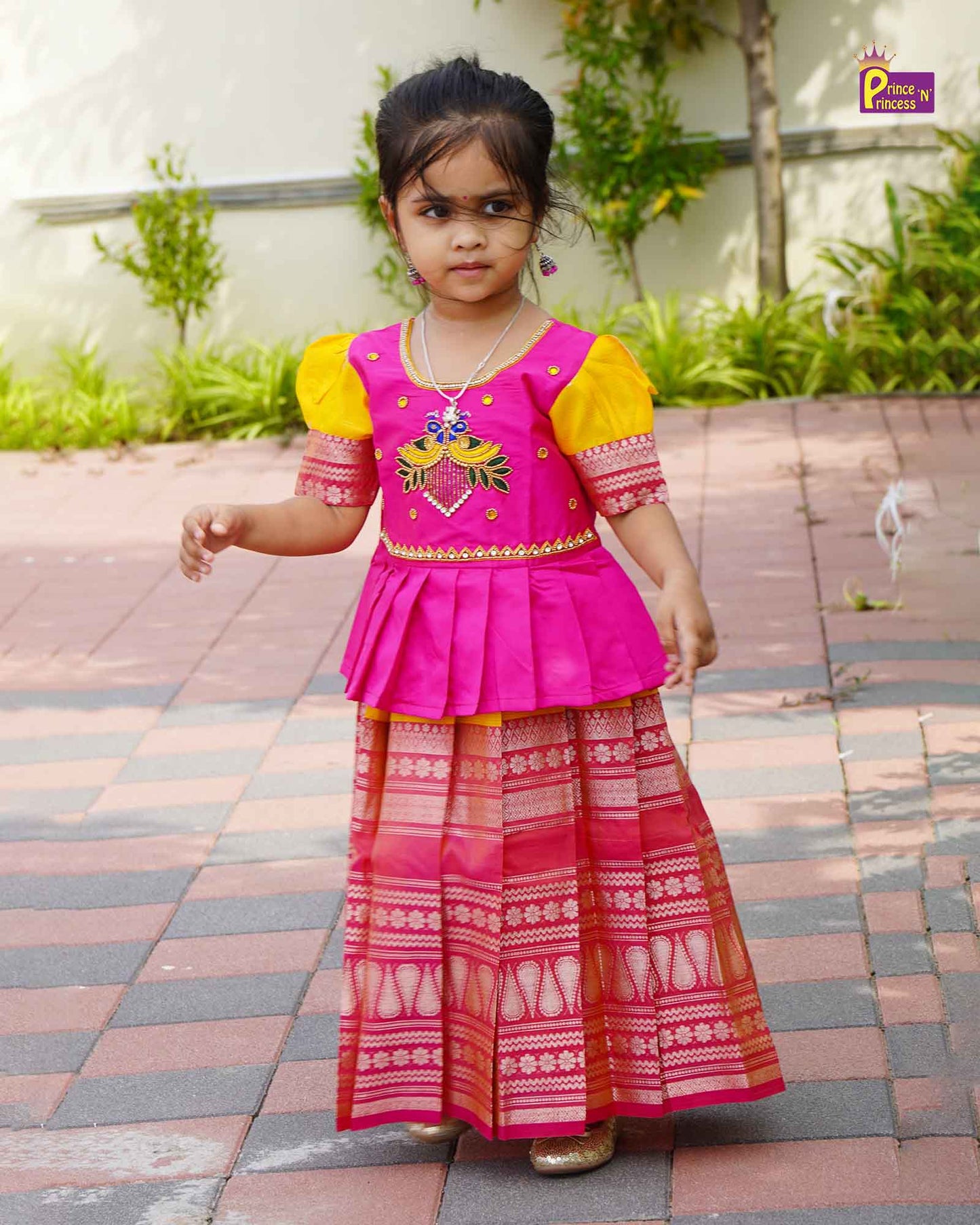 Kids Yellow and Pink Traditional AARI Work Pattu Pavadai PPP1695