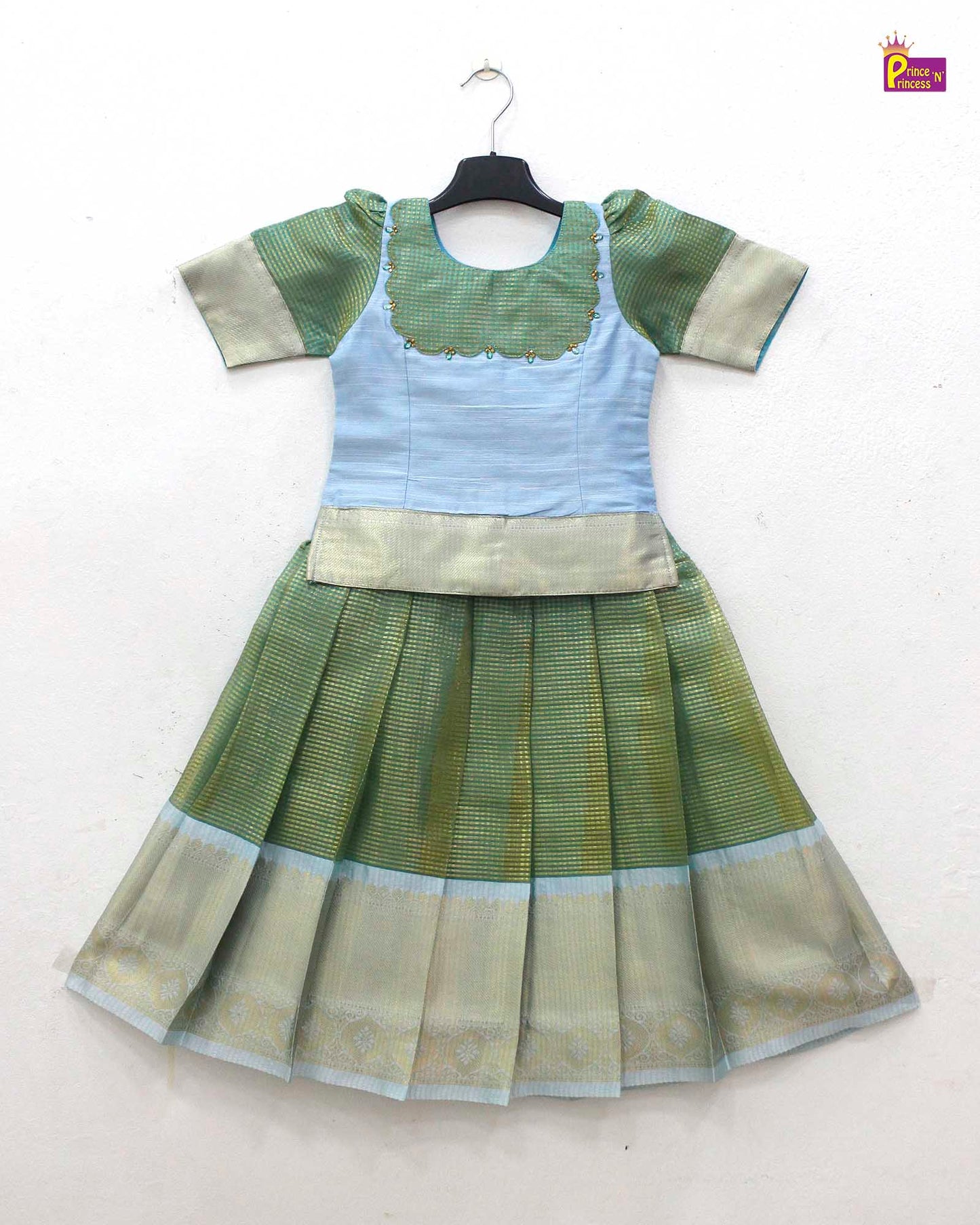 Kids Green With skyblue Traditional Pattupavadai PPP1699