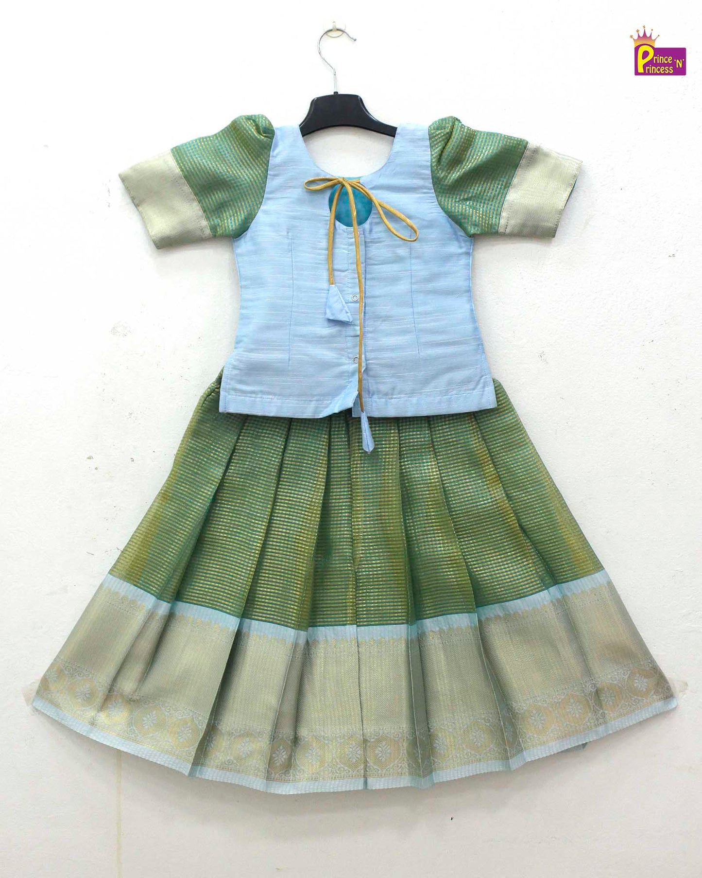 Kids Green With skyblue Traditional Pattupavadai PPP1699