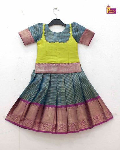 Kids Green With Blue Traditional Pattupavadai PPP1700