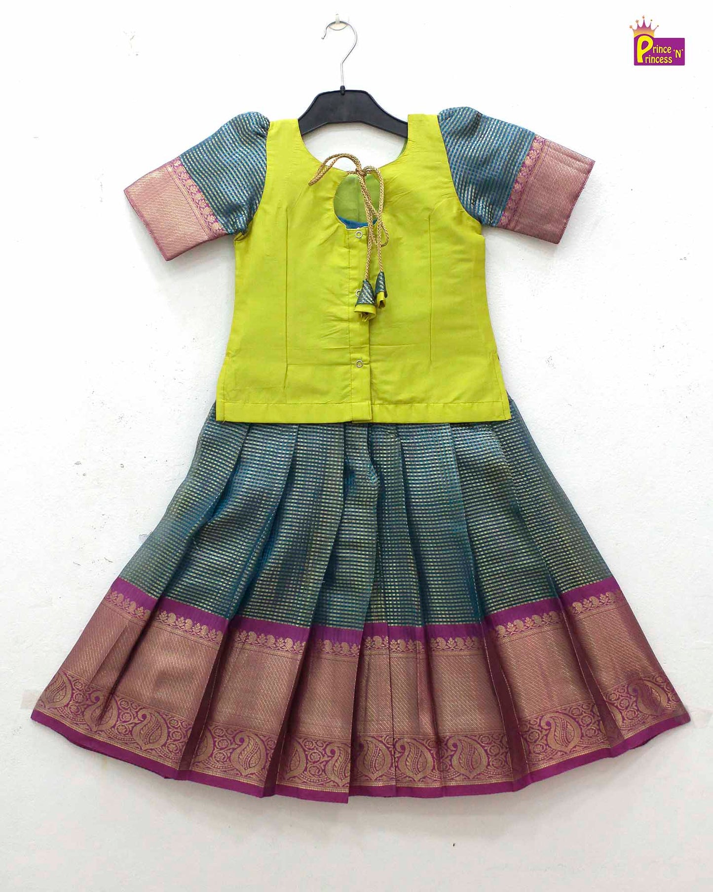 Kids Green With Blue Traditional Pattupavadai PPP1700