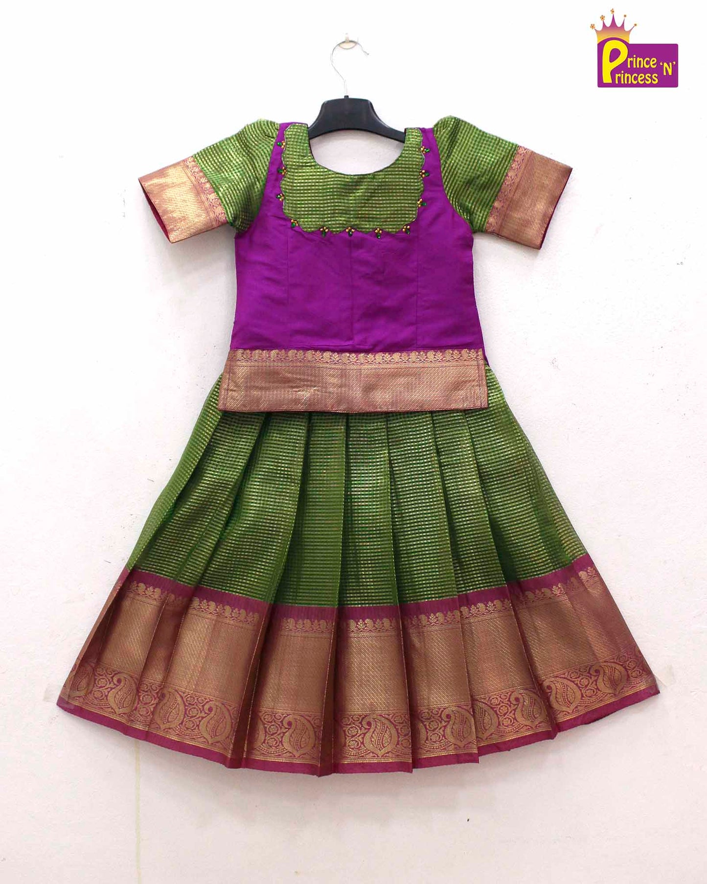 Kids Bottle Green With Purple Traditional Pattupavadai PPP1701