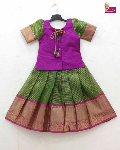 Kids Bottle Green With Purple Traditional Pattupavadai PPP1701