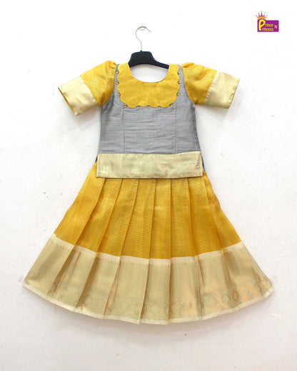 Kids Yellow With Grey Traditional Pattupavadai PPP1702