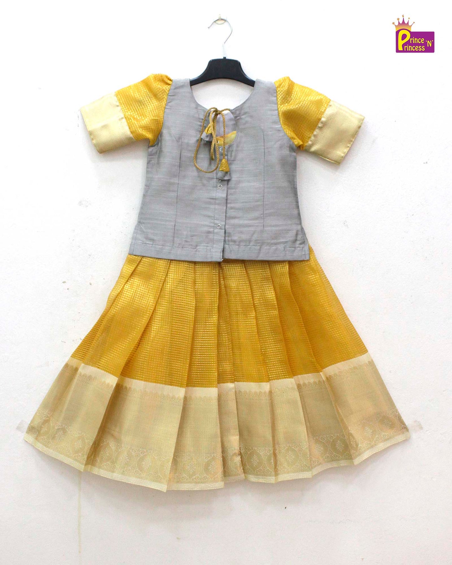 Kids Yellow With Grey Traditional Pattupavadai PPP1702