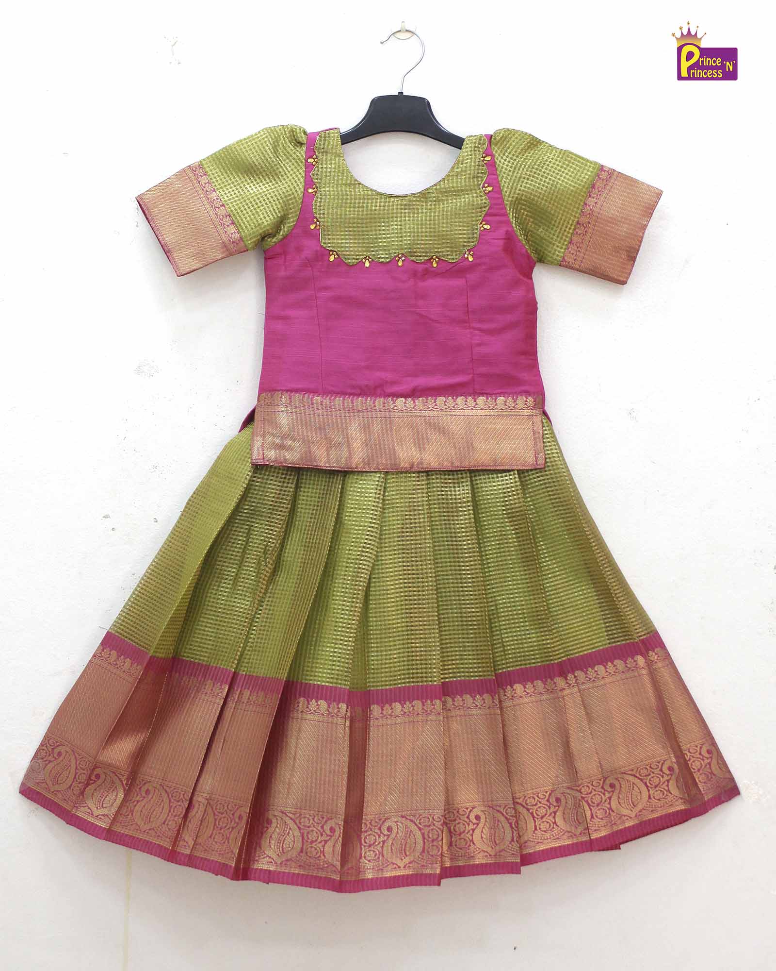 Kids Light Green with Pink Traditional Pattupavadai PPP1704