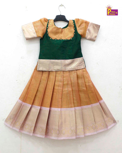 Kids Dark Green with Yellow Traditional Pattupavadai PPP1705