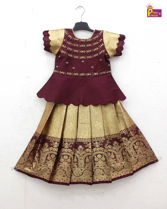 Kids Maroon with Golden Traditional Aari Pattupavadai PPP1707