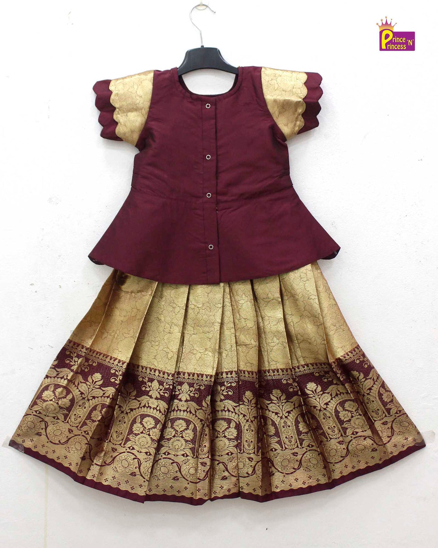 Kids Maroon with Golden Traditional Aari Pattupavadai PPP1707