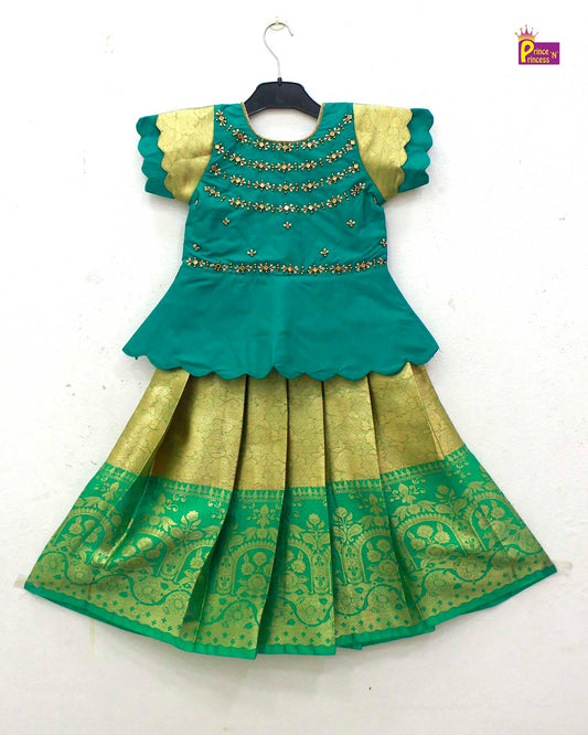 Kids Rama green with Golden Traditional Aari Pattupavadai PPP1708