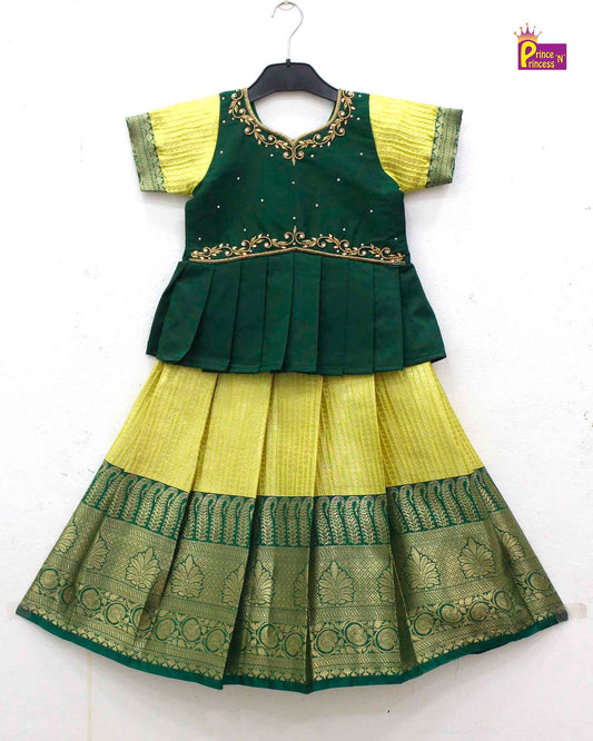 Kids Dark Green with Yellow Traditional Aari Pattupavadai PPP1709