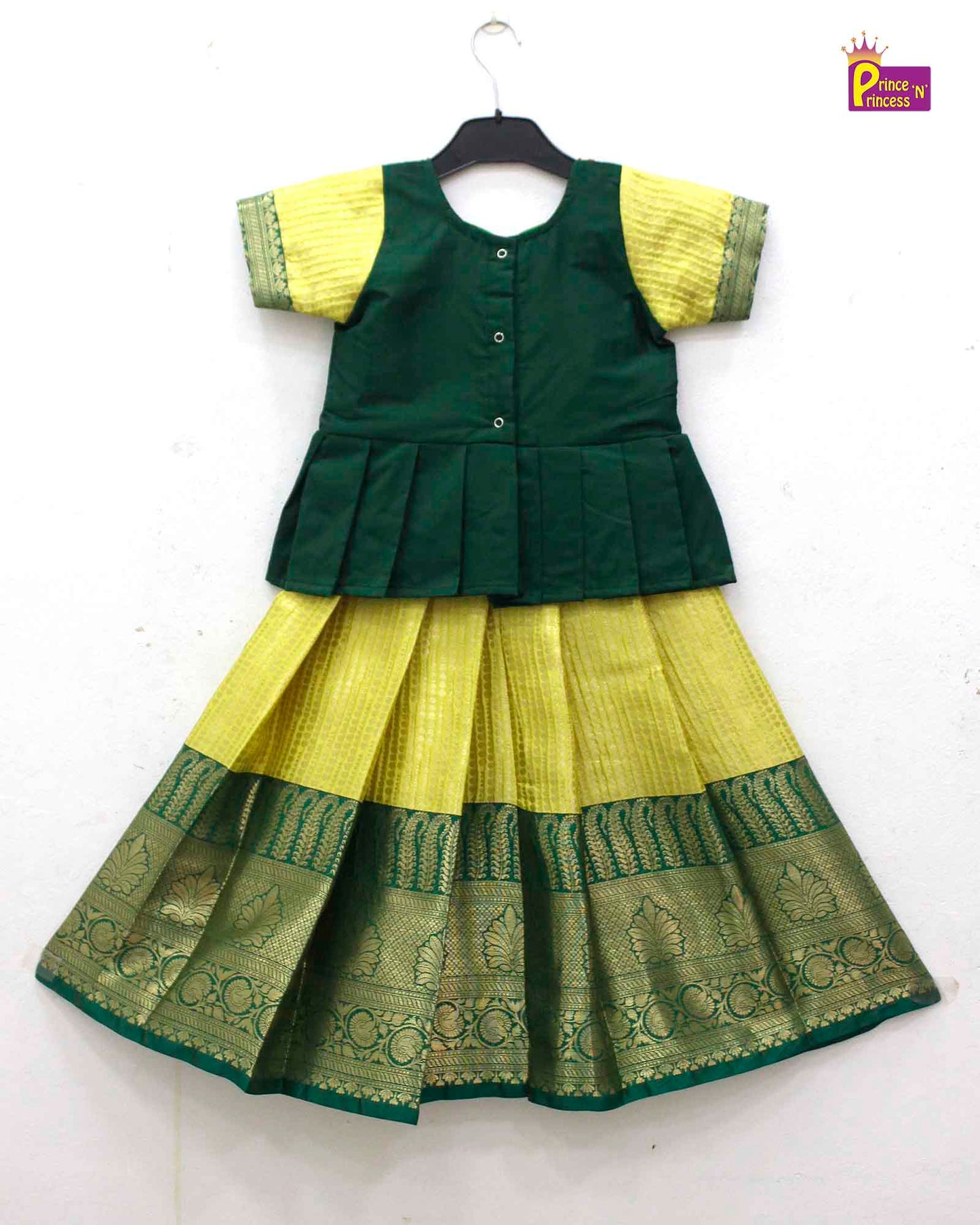 Kids Dark Green with Yellow Traditional Aari Pattupavadai PPP1709