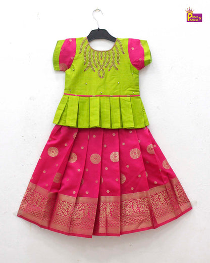 Kids Green with Pink Traditional Aari Pattupavadai PPP1712