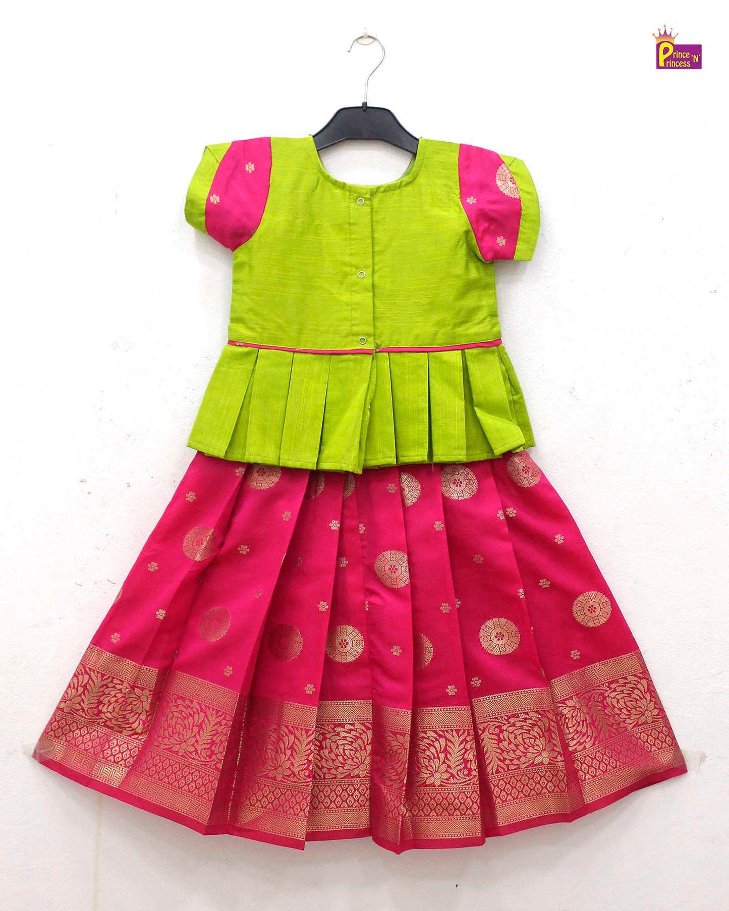 Kids Green with Pink Traditional Aari Pattupavadai PPP1712