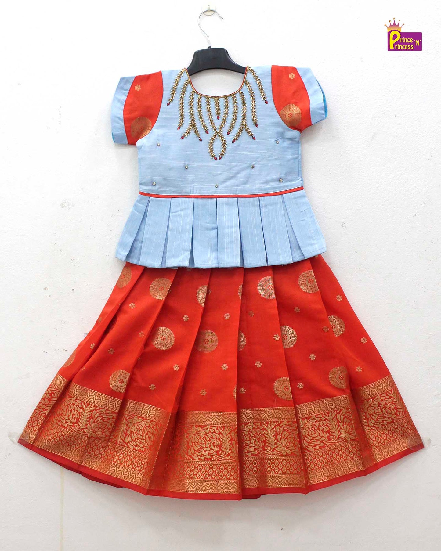 Kids Skyblue with Orange Traditional Aari Pattupavadai PPP1713