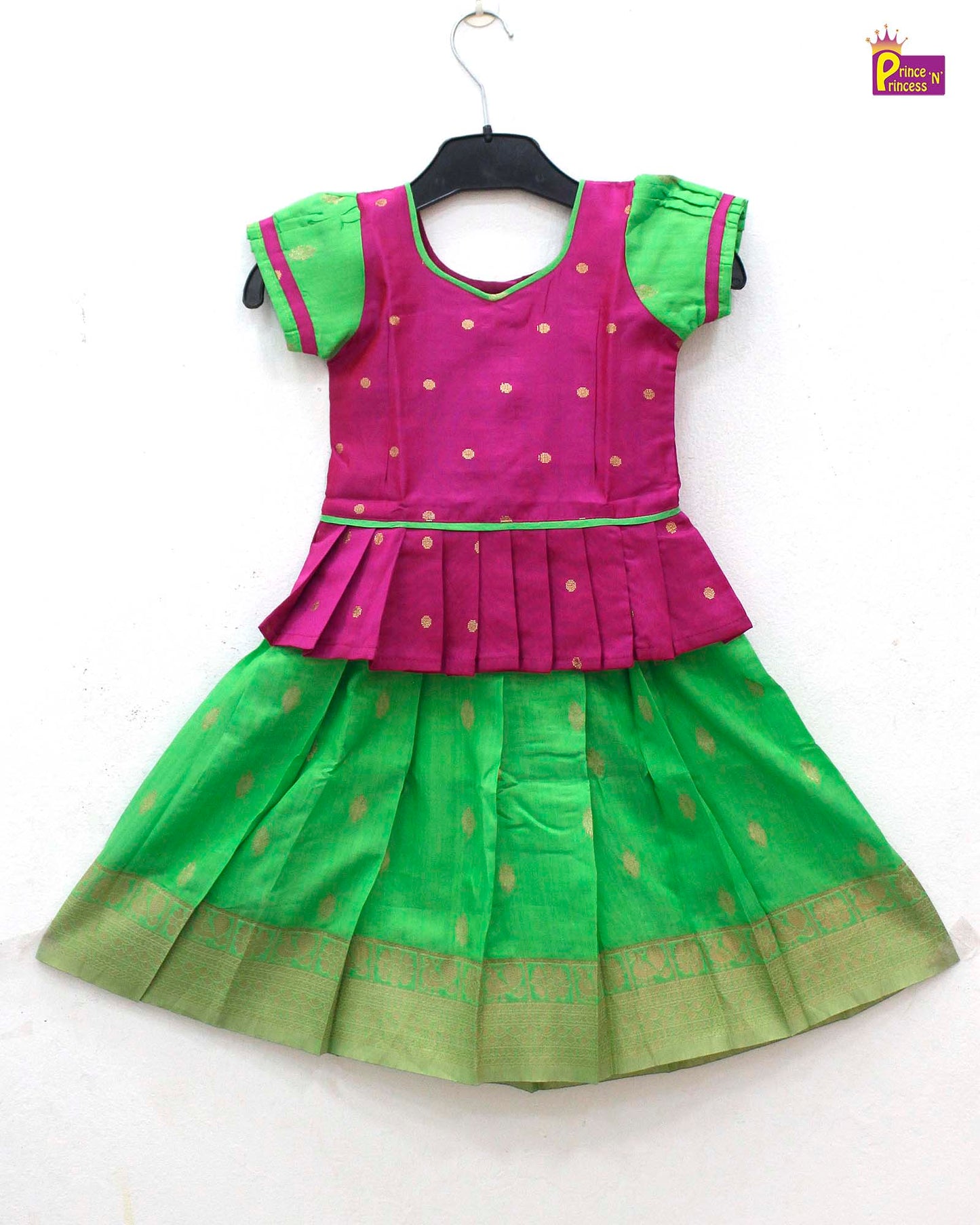 Kids Pink Green Pattu Pavadai PPP1729