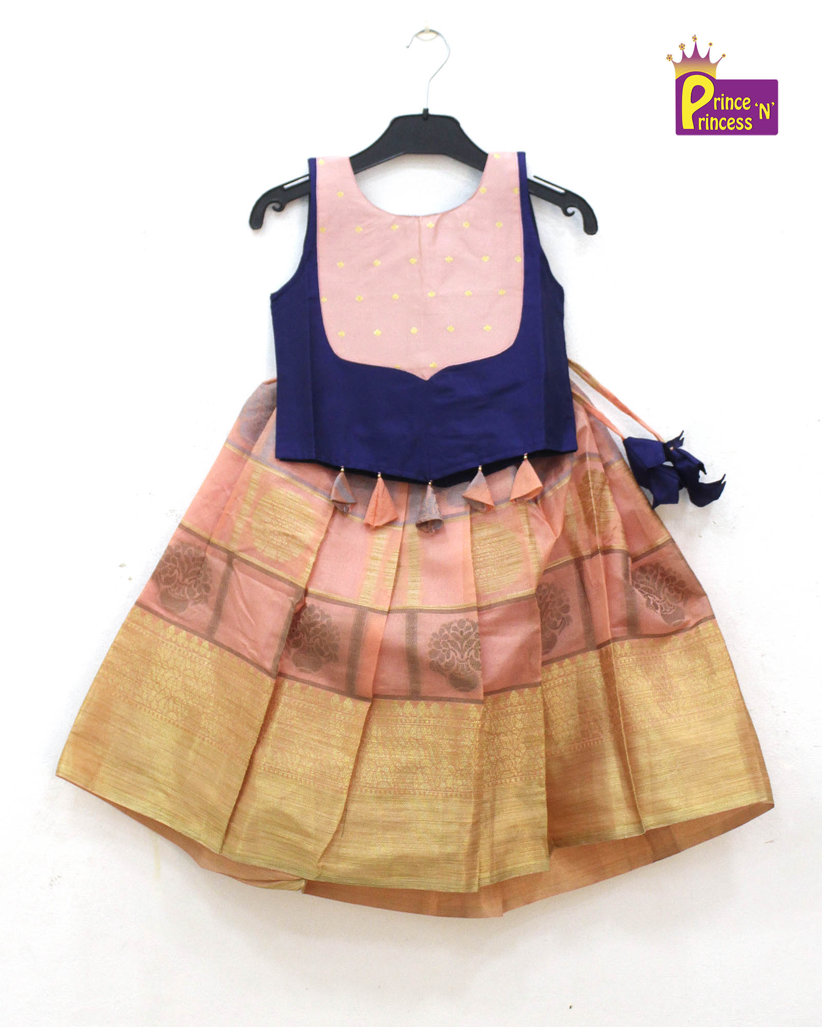 Kids Peach and Navy Blue Trendy Pattu pavadai PPP1760