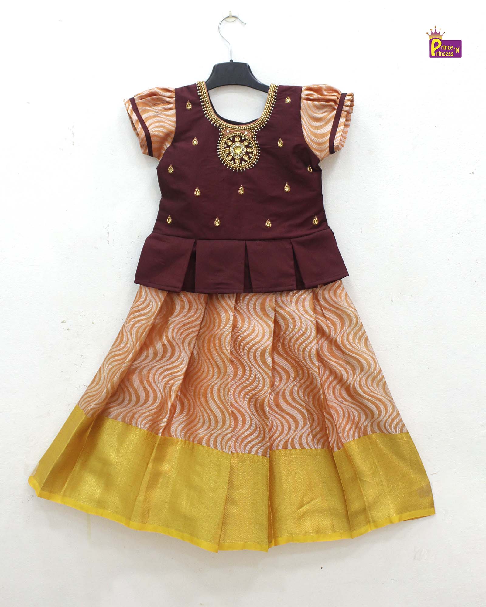 Kids Maroon with Peach Traditional Aari Pattupavadai PPP1789