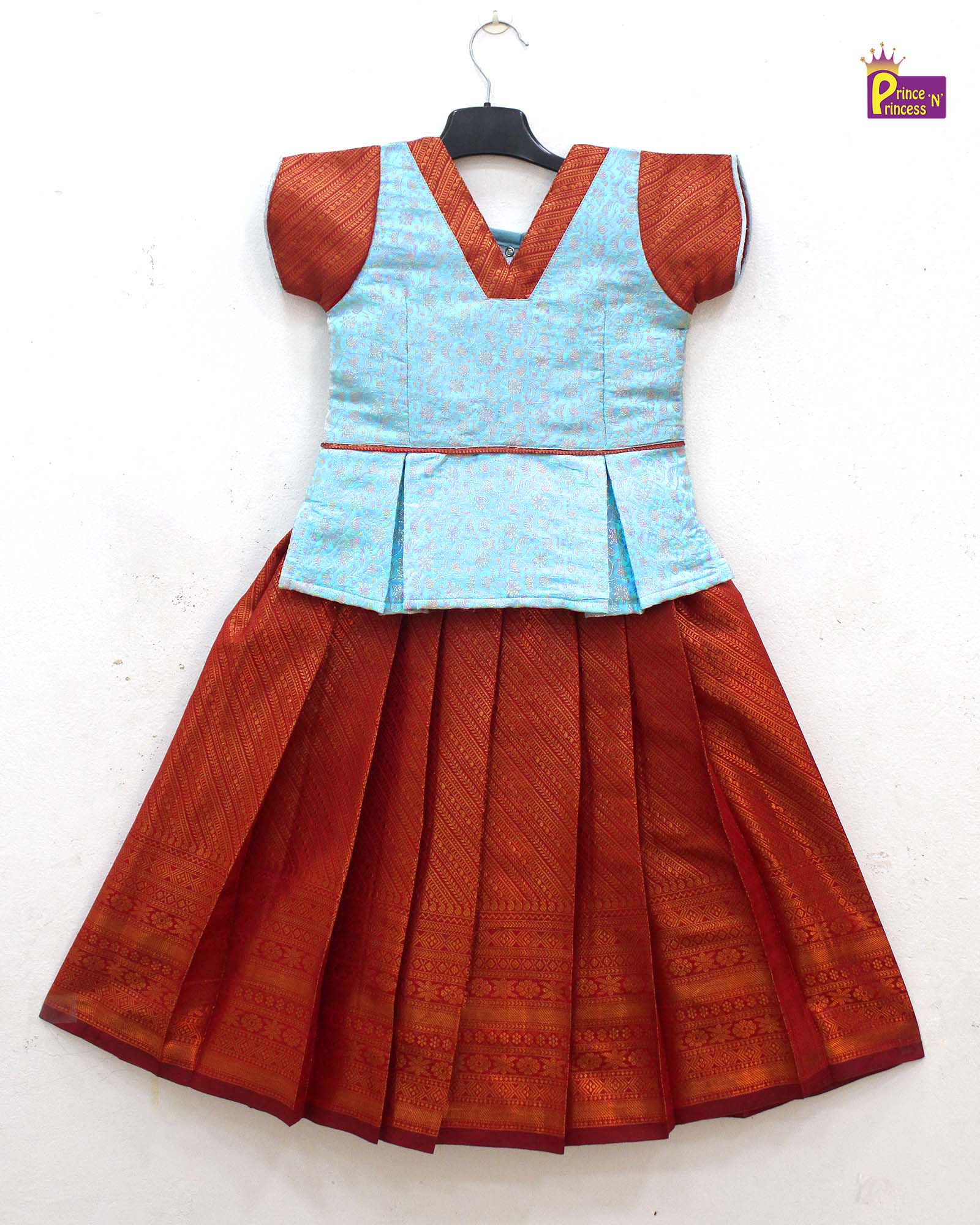 Kids Ice Blue with Copper Traditional Pattupavadai PPP1814