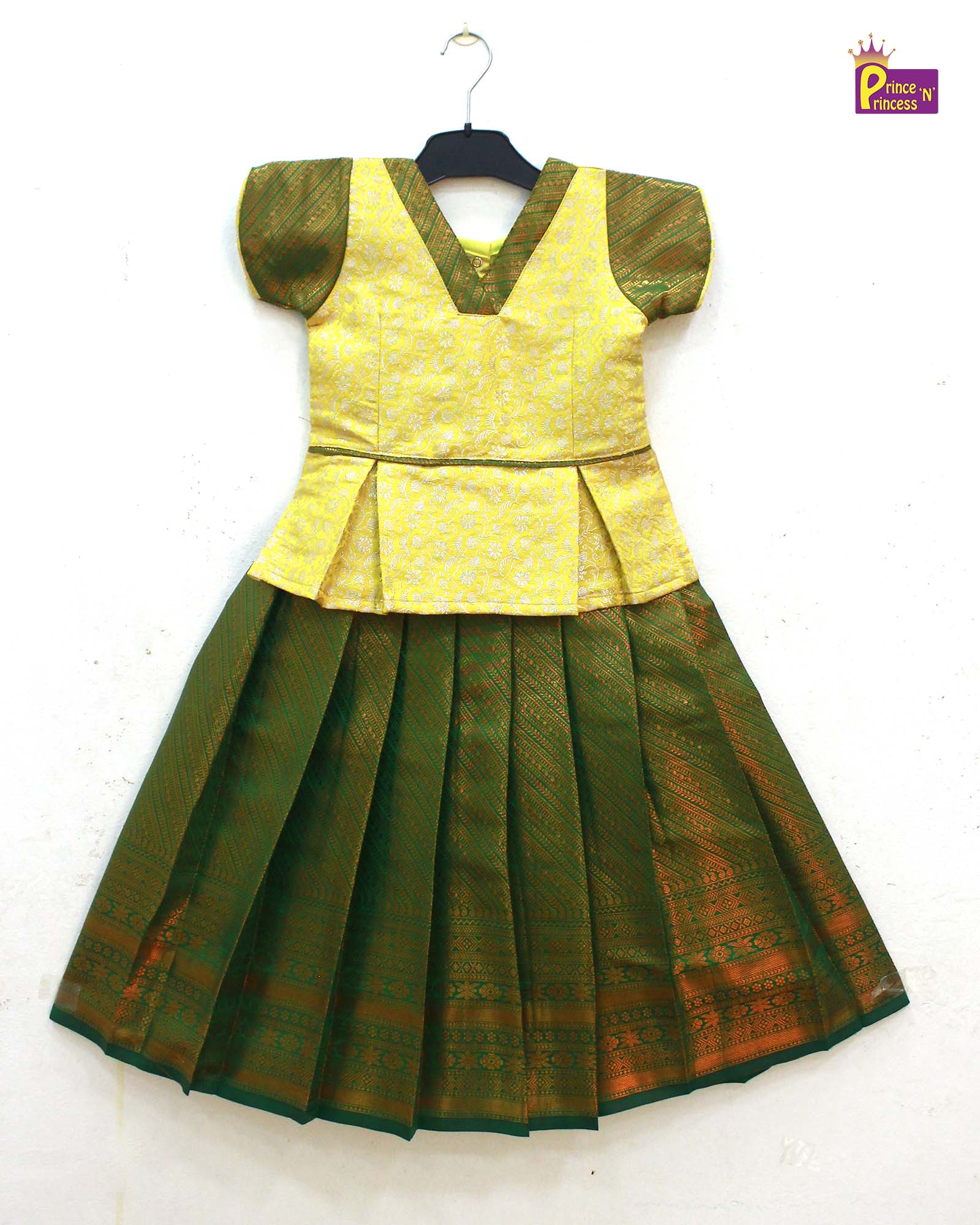 Kids Yellow with Green Traditional Pattupavadai PPP1796