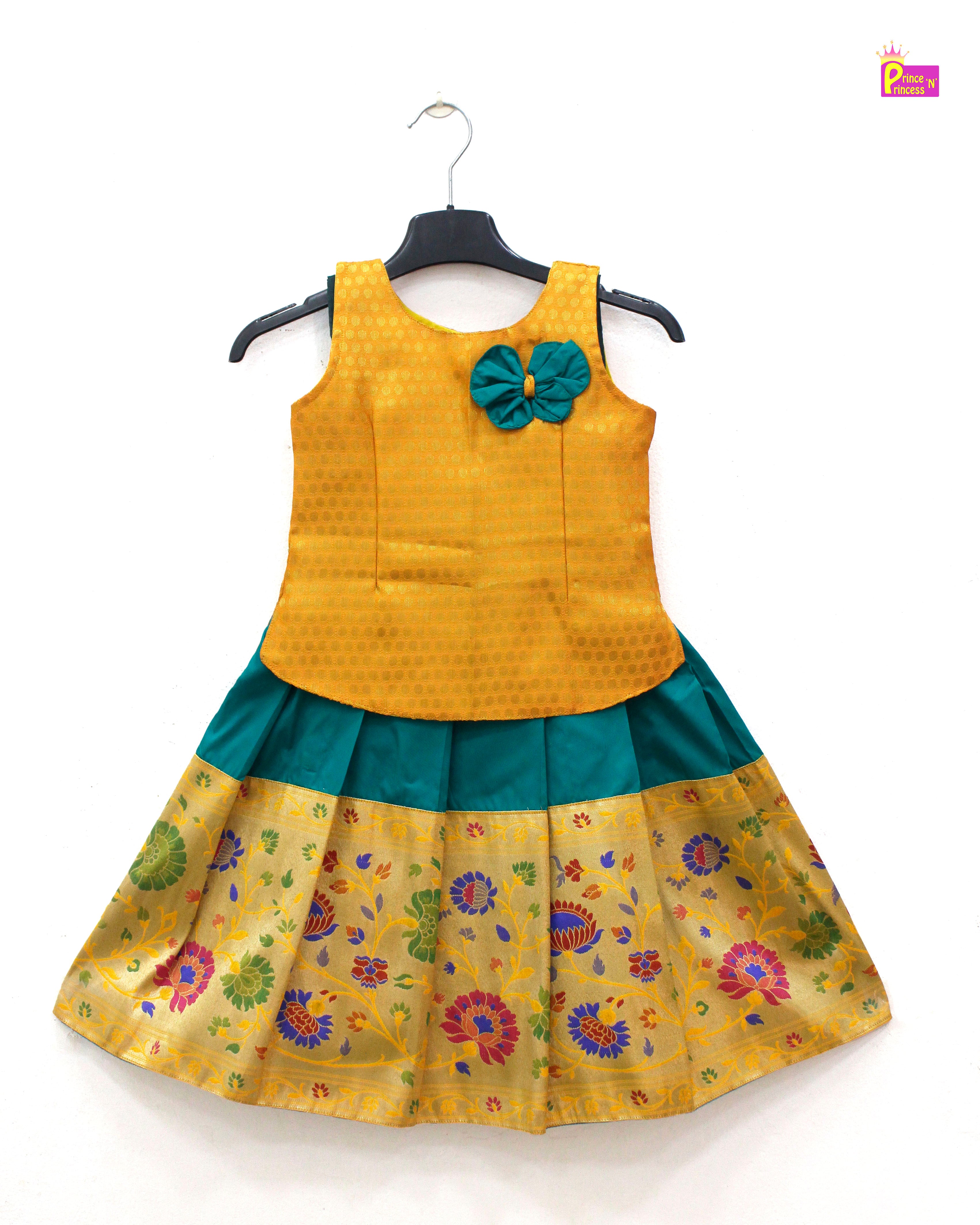 Kids Little Yellow and Green Traditional Pattupavadai PPP1822