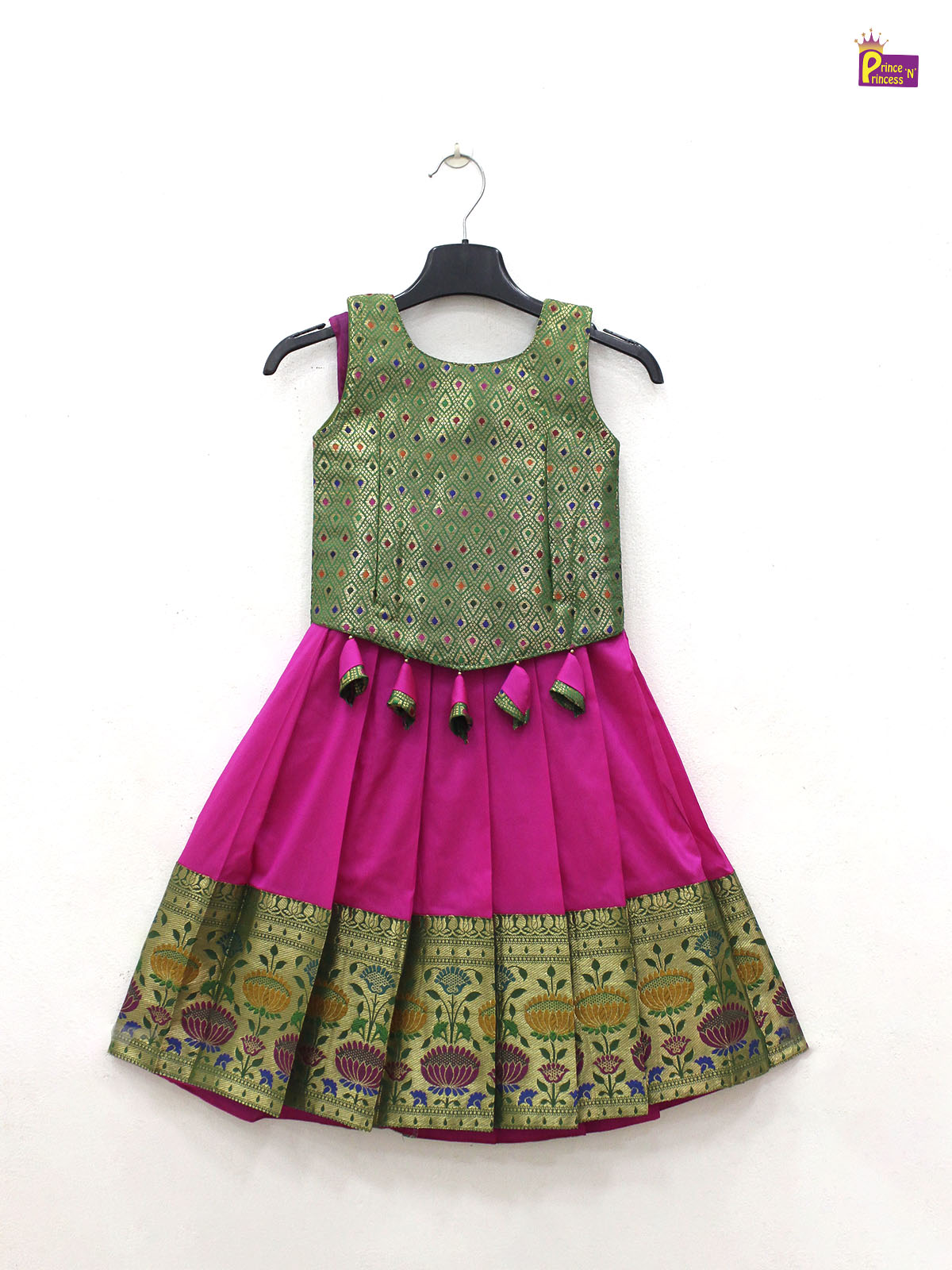 Kids Pink and Green Traditional Pattupavadai PPP1825